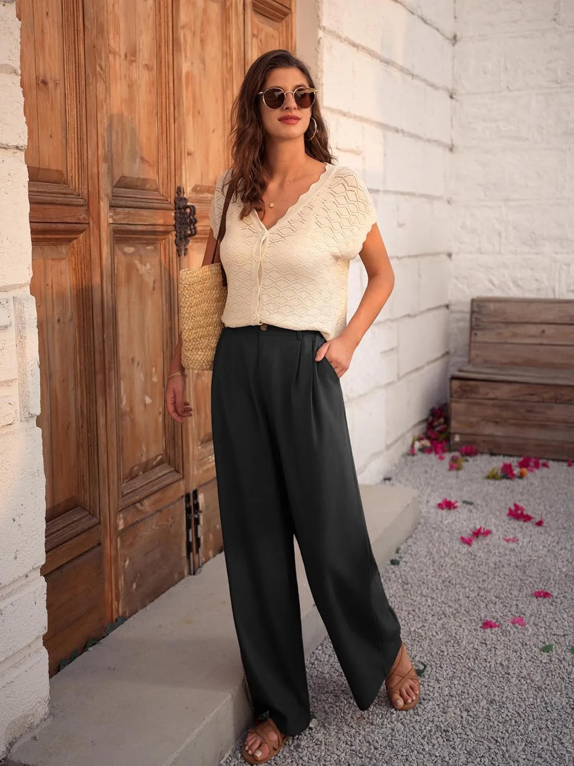 GRACE KARIN Wide Leg Pants for Women Cotton Linen Business Casual Long Trousers Palazzo Pants with Pockets