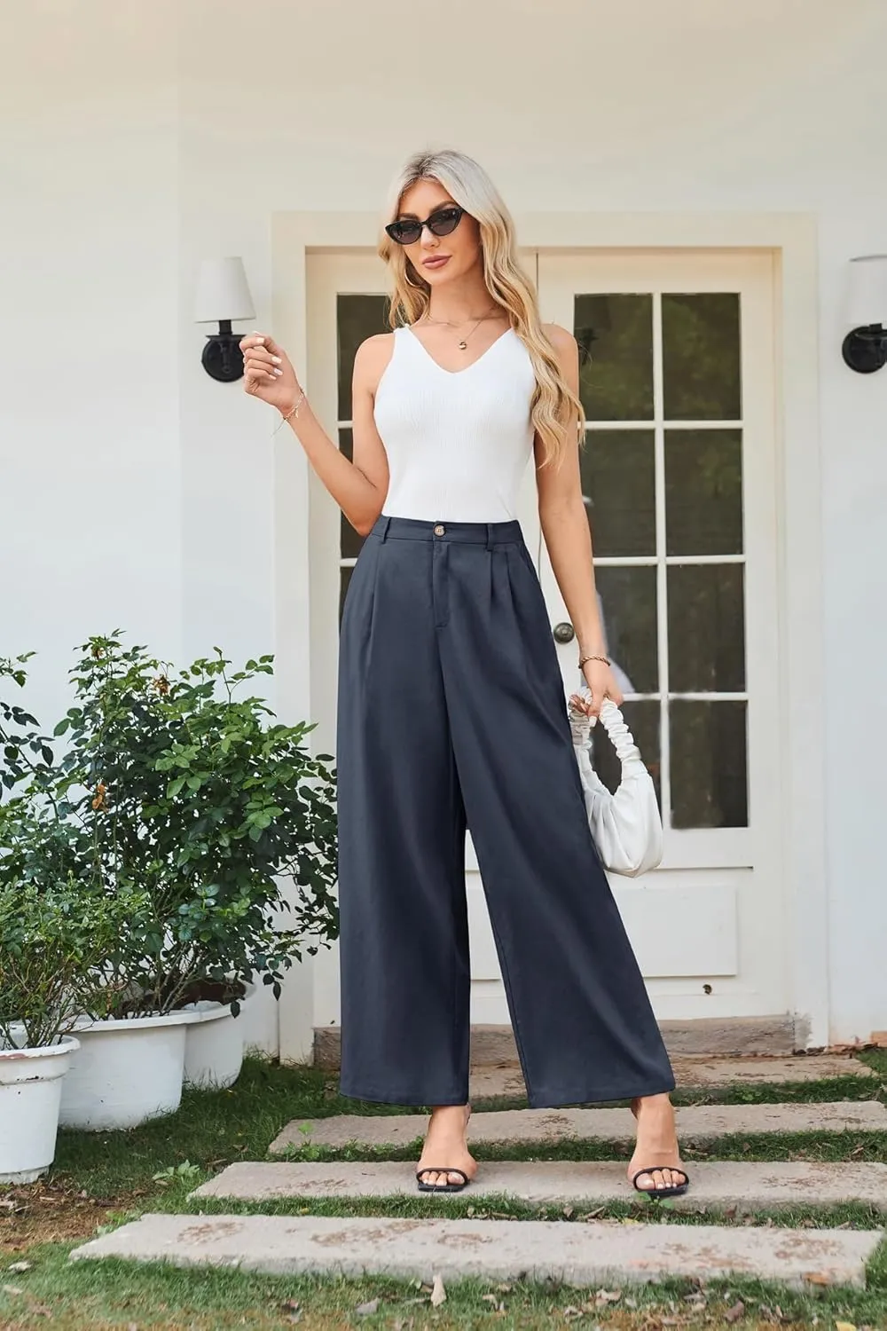 GRACE KARIN Wide Leg Pants for Women Cotton Linen Business Casual Long Trousers Palazzo Pants with Pockets