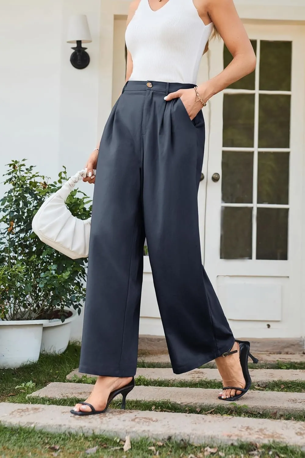 GRACE KARIN Wide Leg Pants for Women Cotton Linen Business Casual Long Trousers Palazzo Pants with Pockets
