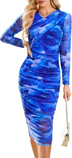 GRACE KARIN Women's Ruched Wrap Bodycon Dresses Mesh Print Fall Formal Midi Dress Long Sleeve Fitted Tight Party Club Dress
