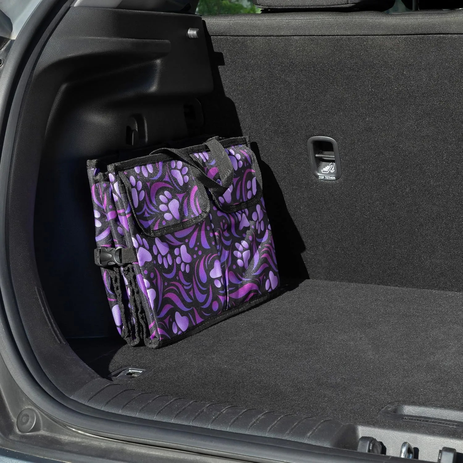 GreaterGood Collapsible Paw Print Car Trunk Organizer with 6 Pockets Truck SUV and Sedan Caddy With Compartment Vehicle Storage Container (Paw Symphony)