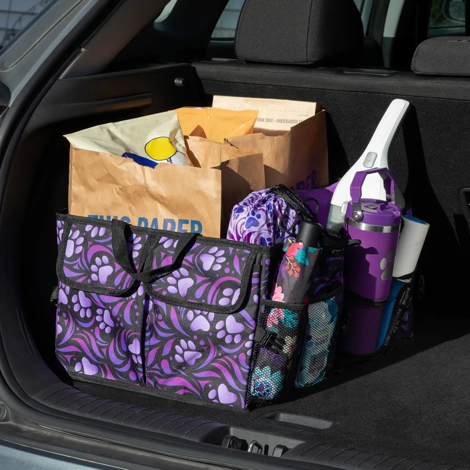 GreaterGood Collapsible Paw Print Car Trunk Organizer with 6 Pockets Truck SUV and Sedan Caddy With Compartment Vehicle Storage Container (Paw Symphony)