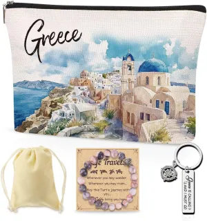 Greece Makeup Bags Gifts for Women, Greece Travel Essentials Cosmetic Bag with Keychain and Bracelet, Travel Toiletry Organizer Zipper Pouch for Girls Besties Friend BFF Mom Sister Daughter