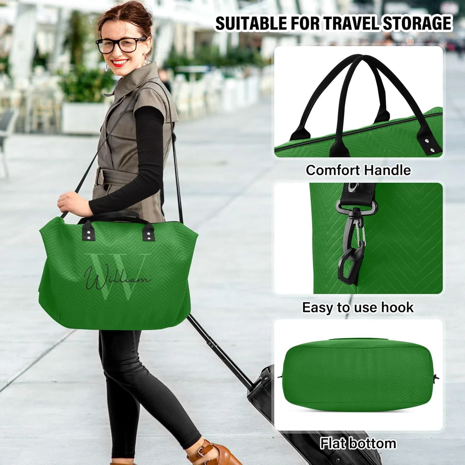 Green Custom Travel Duffel Bag with Toiletry Bag Personalized Weekender Bag for Travel Sports Trips Large Gym Carry On Bag for Women & Men