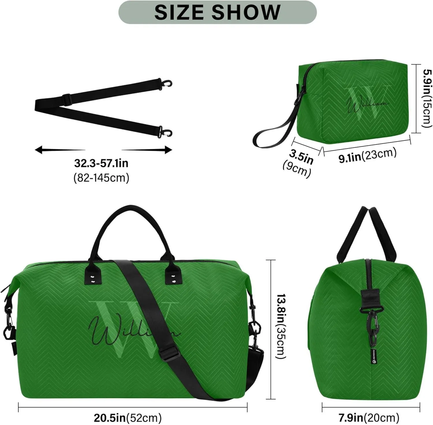 Green Custom Travel Duffel Bag with Toiletry Bag Personalized Weekender Bag for Travel Sports Trips Large Gym Carry On Bag for Women & Men