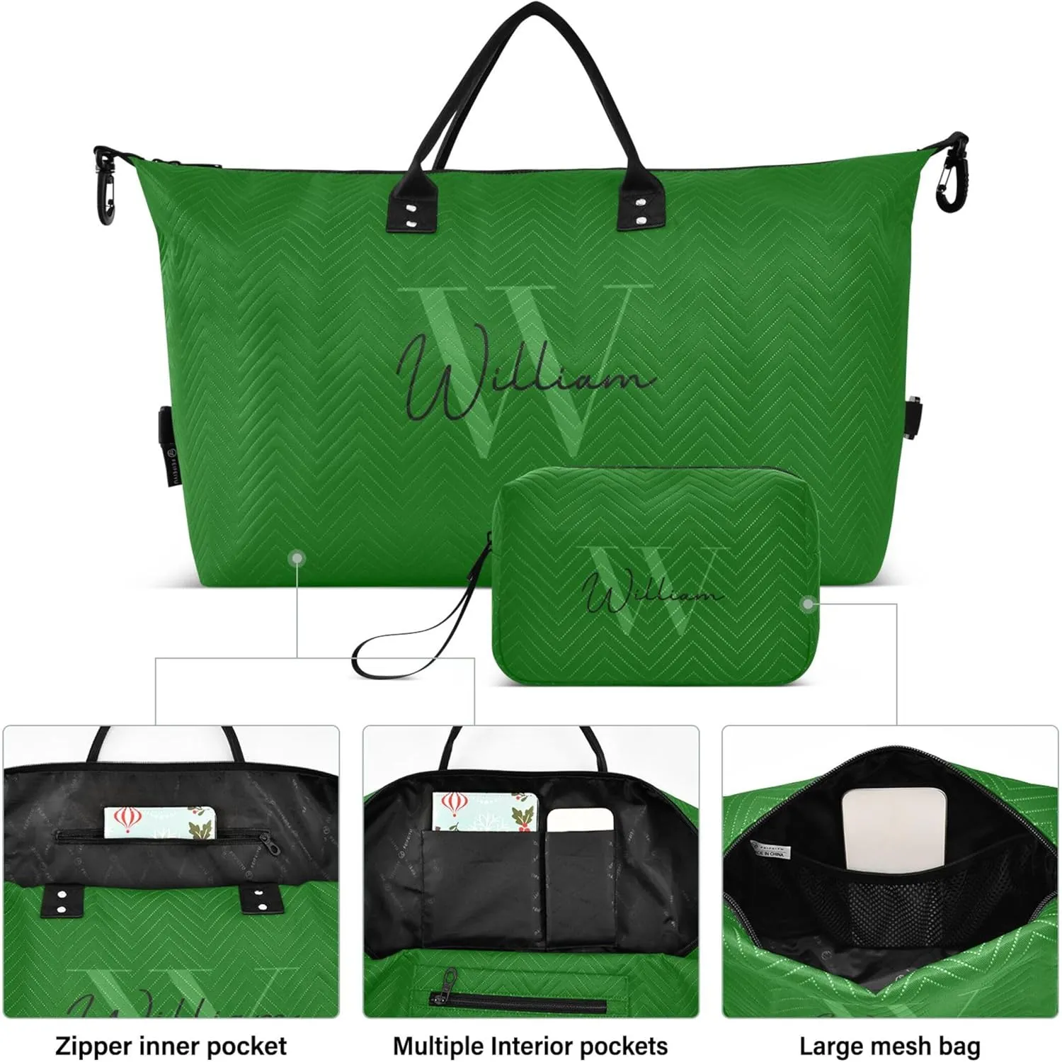Green Custom Travel Duffel Bag with Toiletry Bag Personalized Weekender Bag for Travel Sports Trips Large Gym Carry On Bag for Women & Men