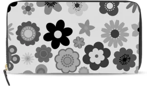 Grey Black Vintage Flowers in 1960s, 1970s Leather Long Wallet Organizer with Zipper Purse Clutch Bag for Women Men Key Card Coin Passport Checkbook 8 x 4 inch