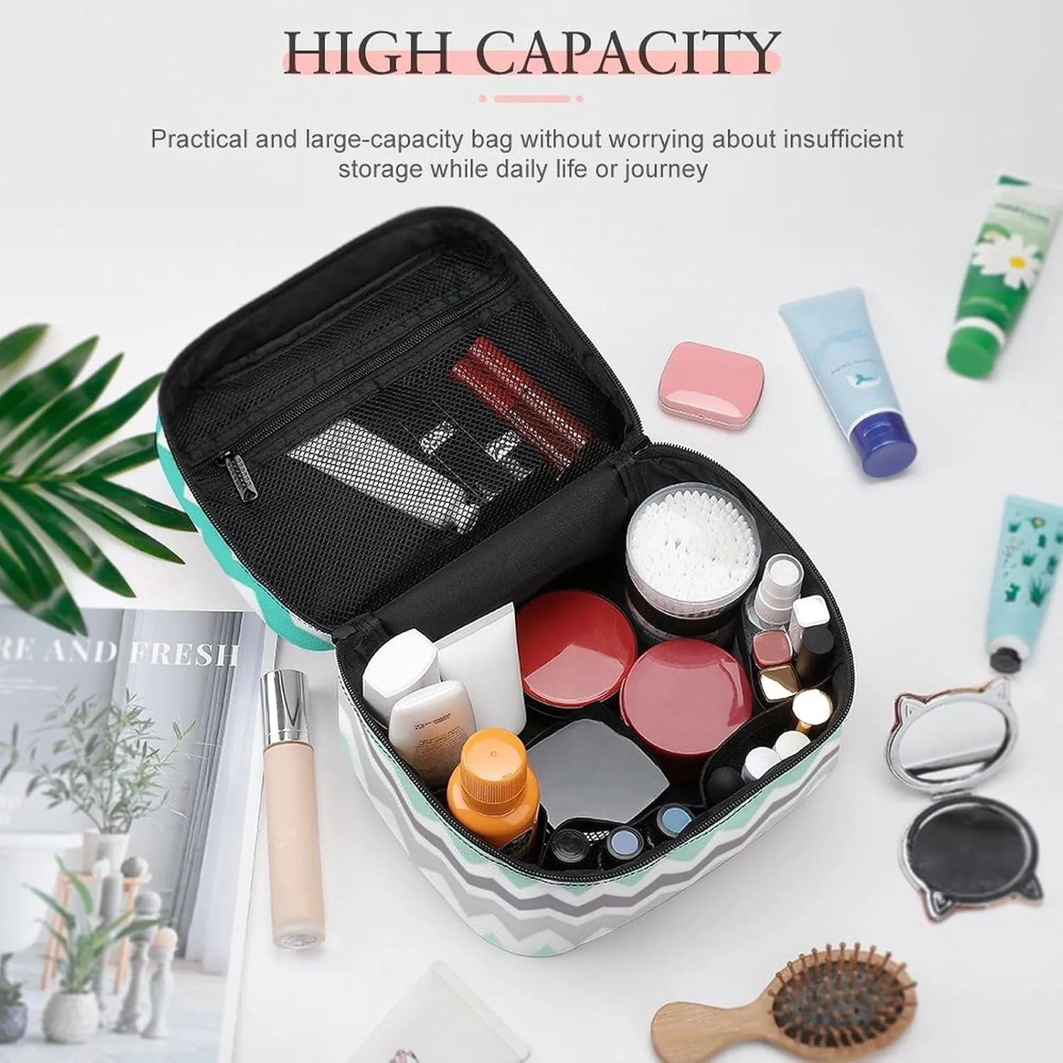 Grey Teal Chevron Cosmetic Bag, Travel Portable Makeup Bag for Purse Pouch Beauty Zipper Organizer Toiletry Bag for Women