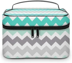 Grey Teal Chevron Cosmetic Bag, Travel Portable Makeup Bag for Purse Pouch Beauty Zipper Organizer Toiletry Bag for Women