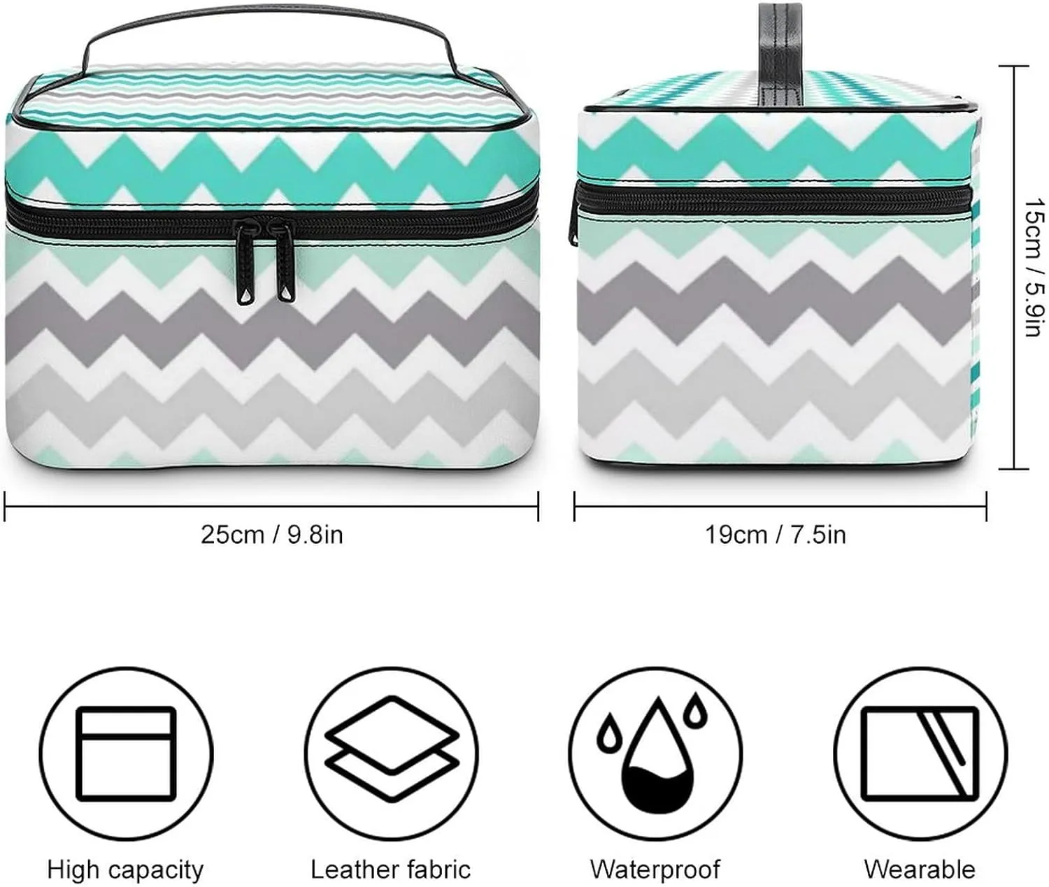 Grey Teal Chevron Cosmetic Bag, Travel Portable Makeup Bag for Purse Pouch Beauty Zipper Organizer Toiletry Bag for Women