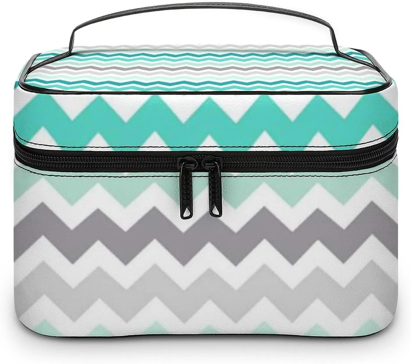 Grey Teal Chevron Cosmetic Bag, Travel Portable Makeup Bag for Purse Pouch Beauty Zipper Organizer Toiletry Bag for Women