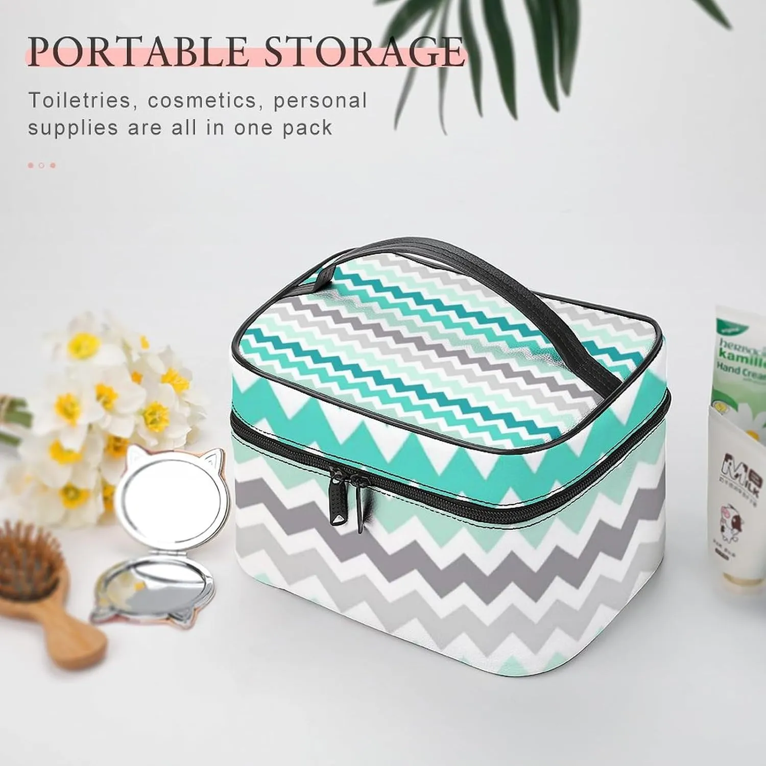 Grey Teal Chevron Cosmetic Bag, Travel Portable Makeup Bag for Purse Pouch Beauty Zipper Organizer Toiletry Bag for Women