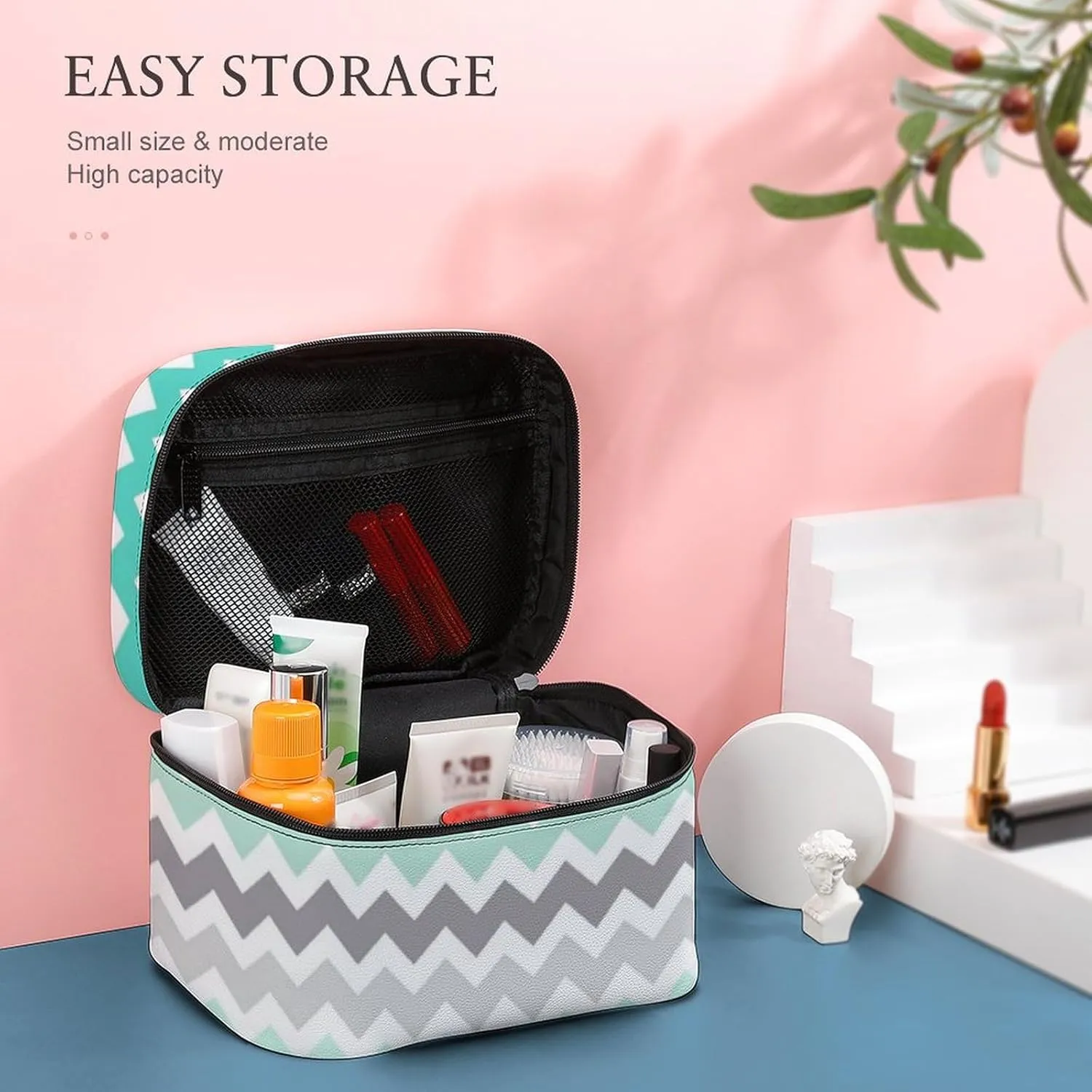 Grey Teal Chevron Cosmetic Bag, Travel Portable Makeup Bag for Purse Pouch Beauty Zipper Organizer Toiletry Bag for Women