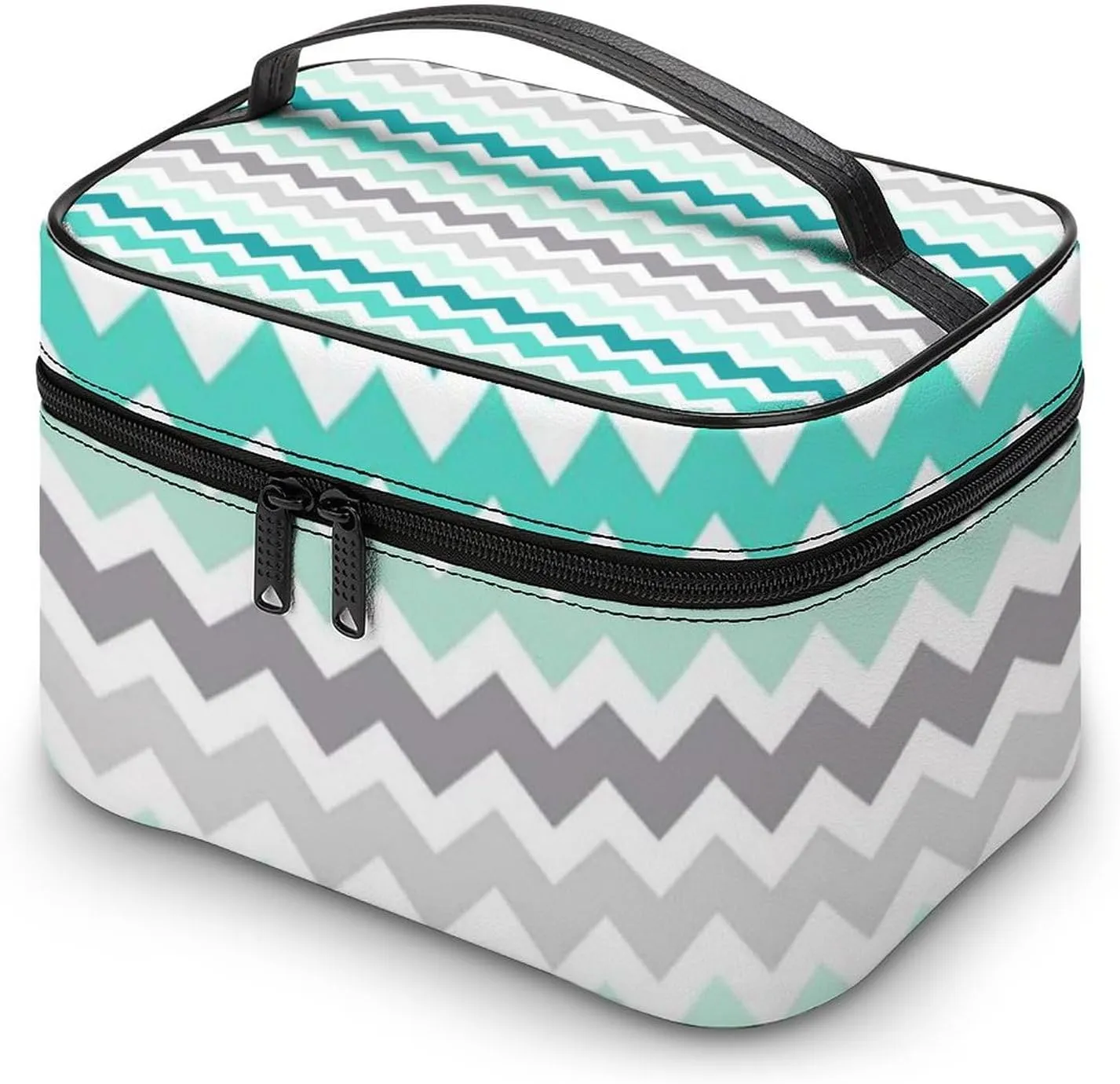 Grey Teal Chevron Cosmetic Bag, Travel Portable Makeup Bag for Purse Pouch Beauty Zipper Organizer Toiletry Bag for Women