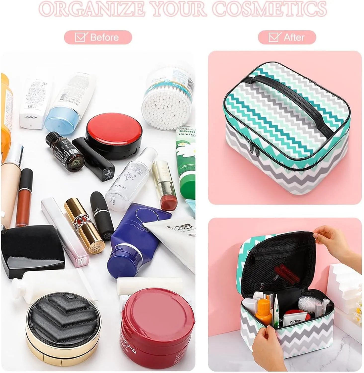 Grey Teal Chevron Cosmetic Bag, Travel Portable Makeup Bag for Purse Pouch Beauty Zipper Organizer Toiletry Bag for Women