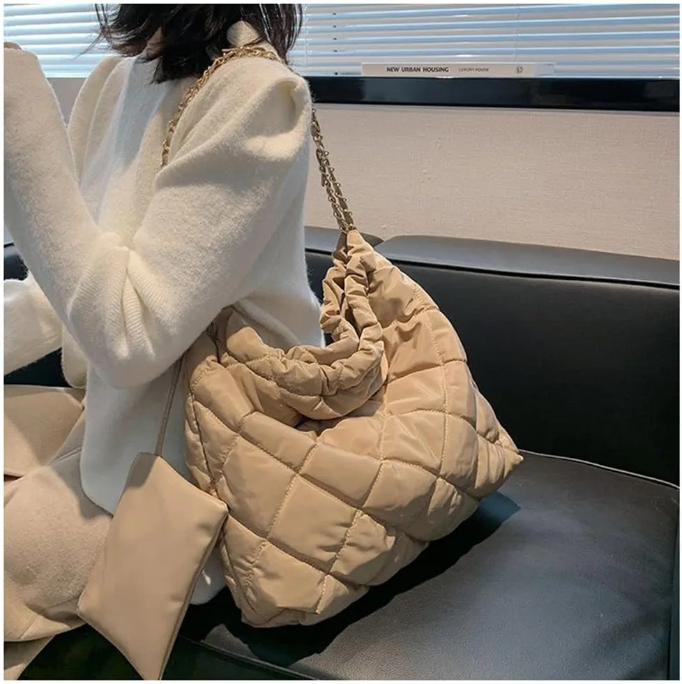 GRPKSSIB Women's Puffer Bag Quilted Shoulder Bag Nylon Tote bag Puffy Handbag Chain Straps with Coin Purse 2 in 1
