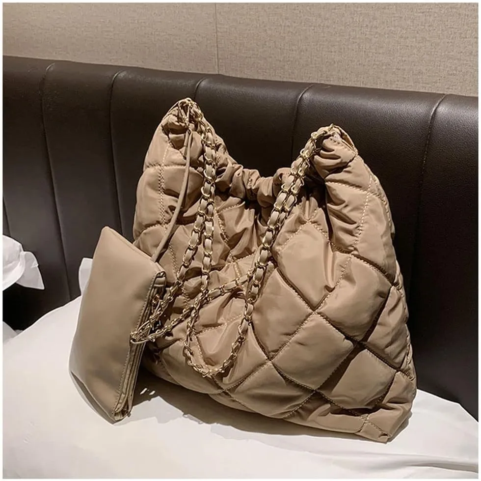 GRPKSSIB Women's Puffer Bag Quilted Shoulder Bag Nylon Tote bag Puffy Handbag Chain Straps with Coin Purse 2 in 1