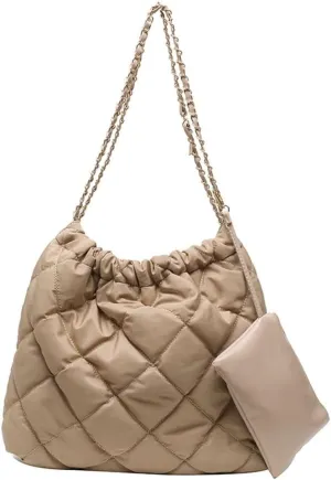 GRPKSSIB Women's Puffer Bag Quilted Shoulder Bag Nylon Tote bag Puffy Handbag Chain Straps with Coin Purse 2 in 1