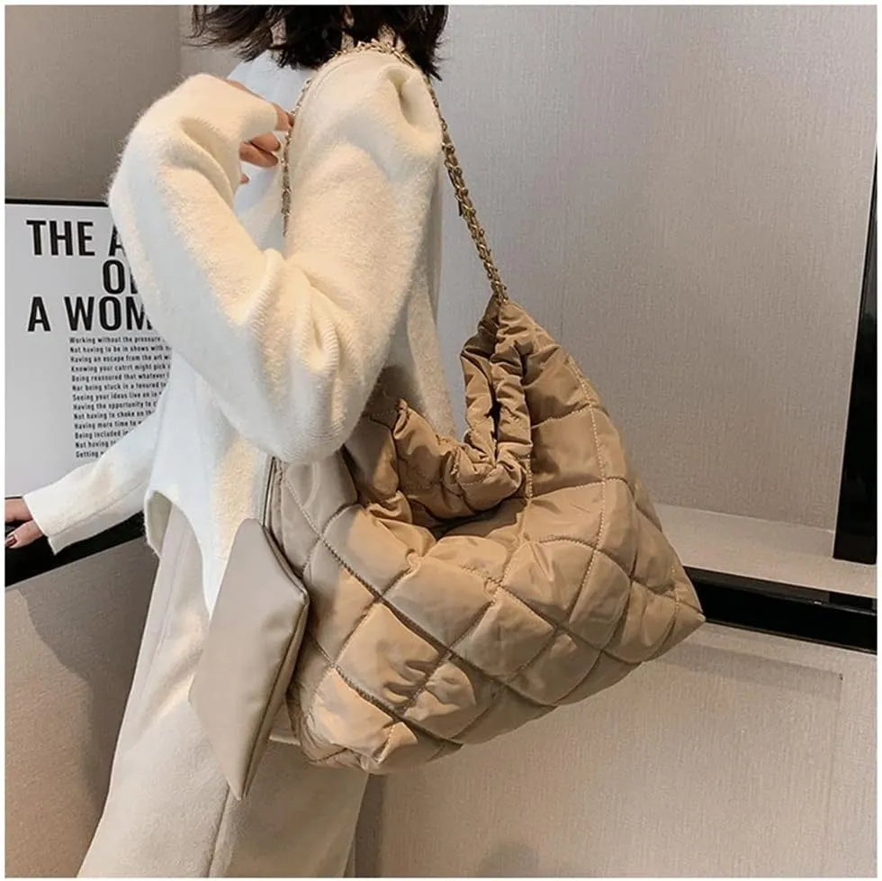 GRPKSSIB Women's Puffer Bag Quilted Shoulder Bag Nylon Tote bag Puffy Handbag Chain Straps with Coin Purse 2 in 1