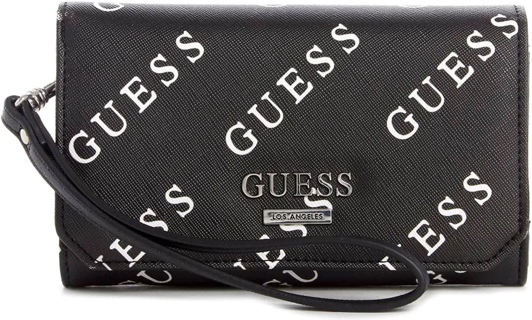GUESS Women's Acoma White Logo Phone Organizer Wristlet Wallet Clutch Bag - Black
