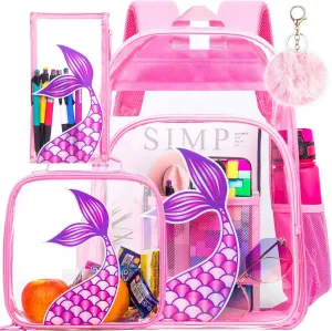 gxtvo Clear Backpack for Girls and Boys, Kids Transparent Bookbag, 3PCS Cute See Through School Bag for Elementary Prechool