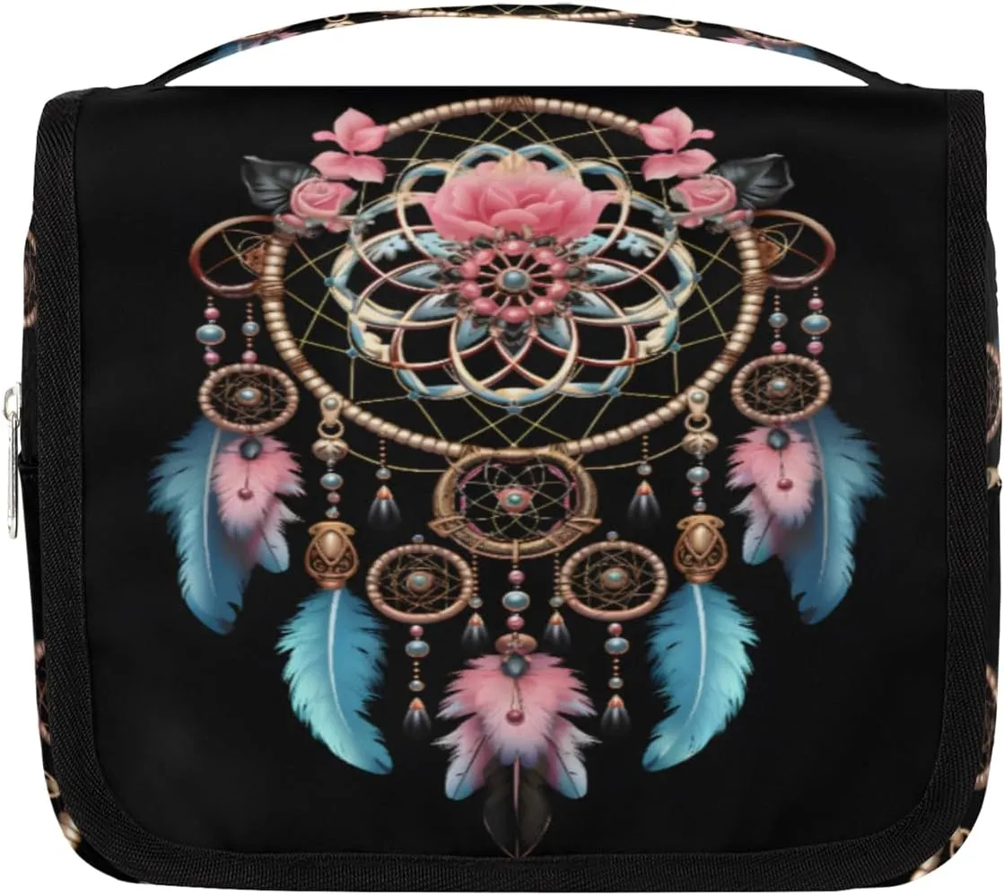 Gypsy Dream Catcher Hanging Travel Toiletry Bag Kit Makeup Case Cosmetics Organizer Ethnic Design Toiletry Bag for Women Make up Accessories Shampoo Body Cream Brushes Set