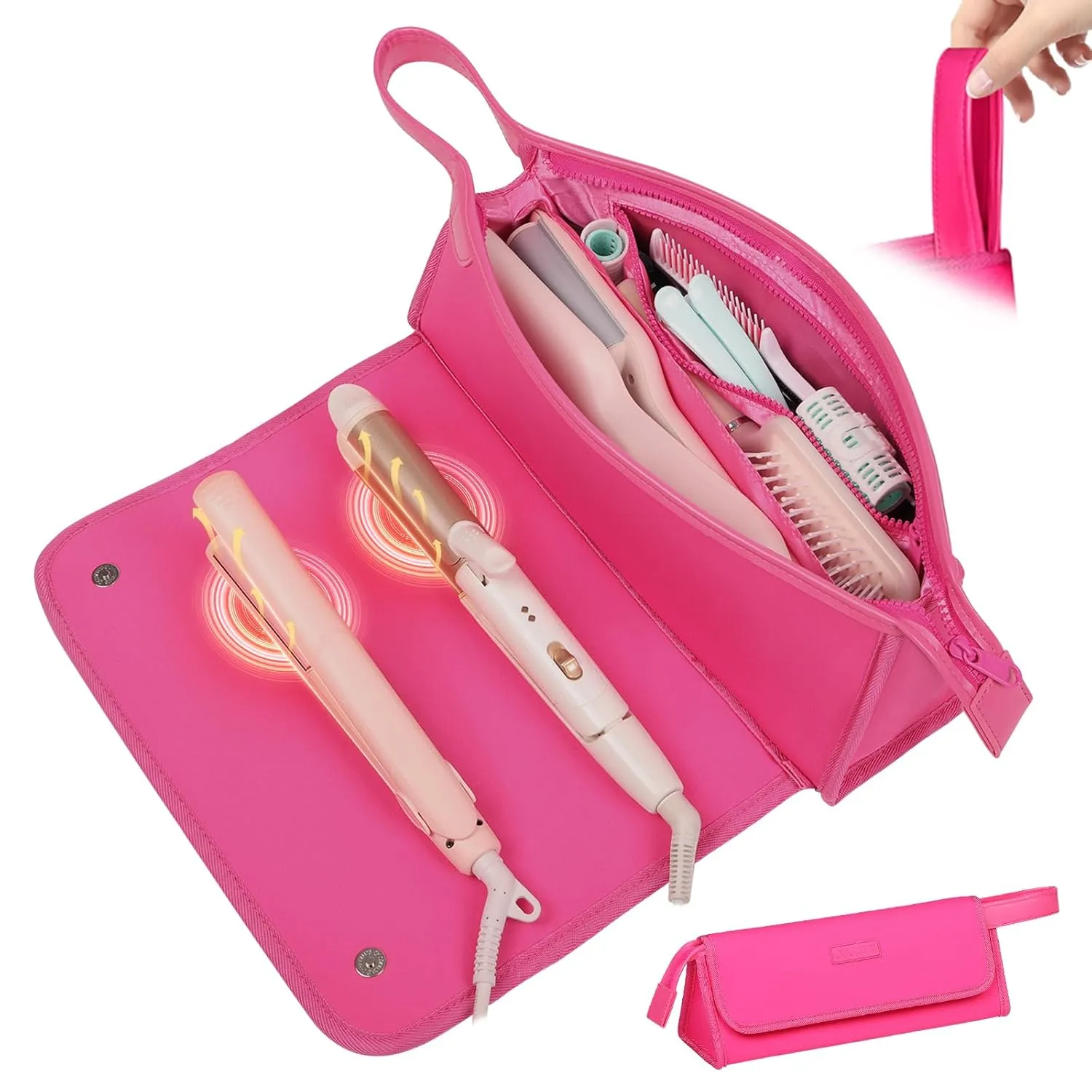 Hair Tools Travel Bag and Heat Resistant Mat, 2 in 1 Portable Organizer Hair Travel Case for Curling Iron, Hair Straightener, Flat Irons, PU Hangable Handle, Neoprene (Vibrant RoseRed)