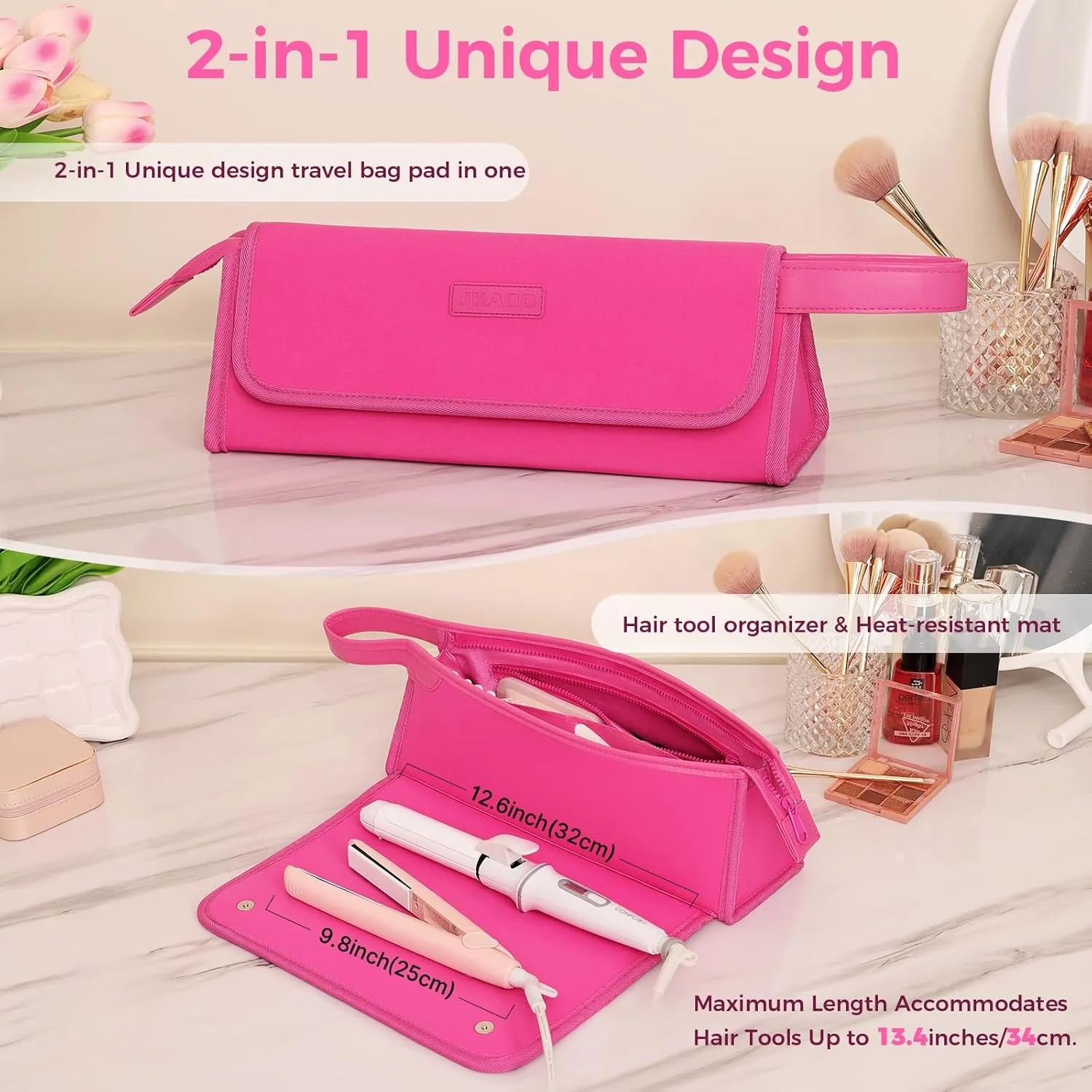 Hair Tools Travel Bag and Heat Resistant Mat, 2 in 1 Portable Organizer Hair Travel Case for Curling Iron, Hair Straightener, Flat Irons, PU Hangable Handle, Neoprene (Vibrant RoseRed)