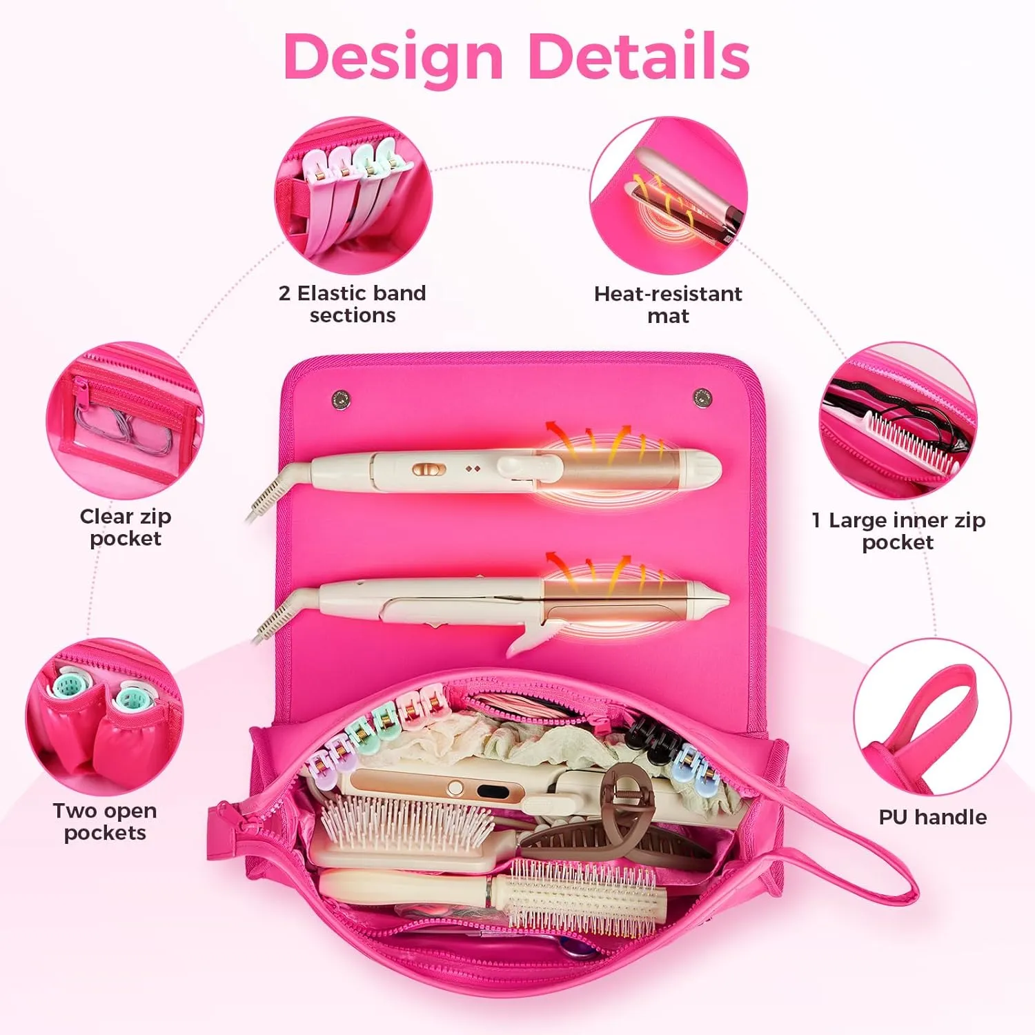 Hair Tools Travel Bag and Heat Resistant Mat, 2 in 1 Portable Organizer Hair Travel Case for Curling Iron, Hair Straightener, Flat Irons, PU Hangable Handle, Neoprene (Vibrant RoseRed)