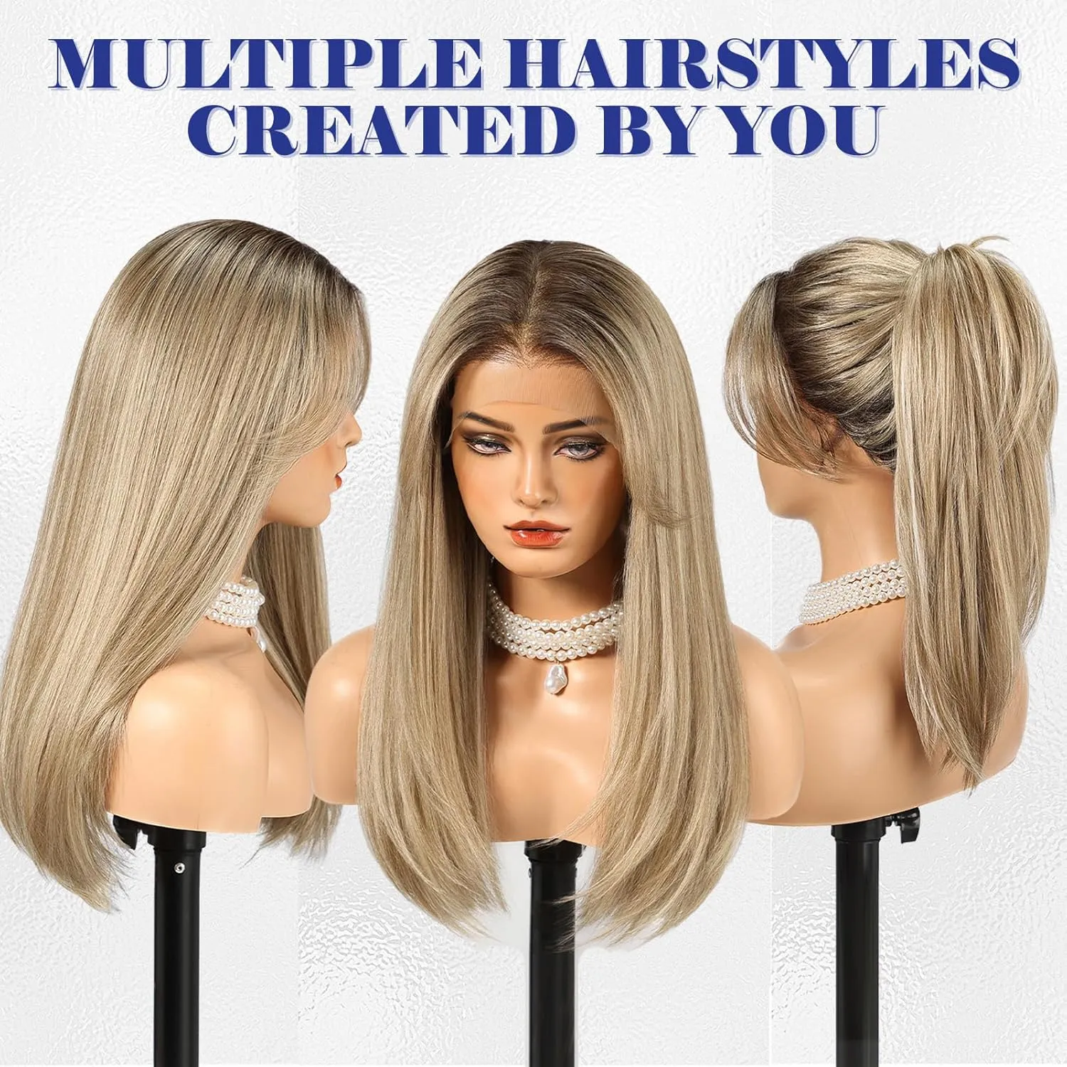 HAIRCUBE 13x6 HD Transparent Lace Front Wig, Ash Blonde Long Straight Synthetic Wig Glueless Wig with Natural Density Hairline & Adjustable Cap