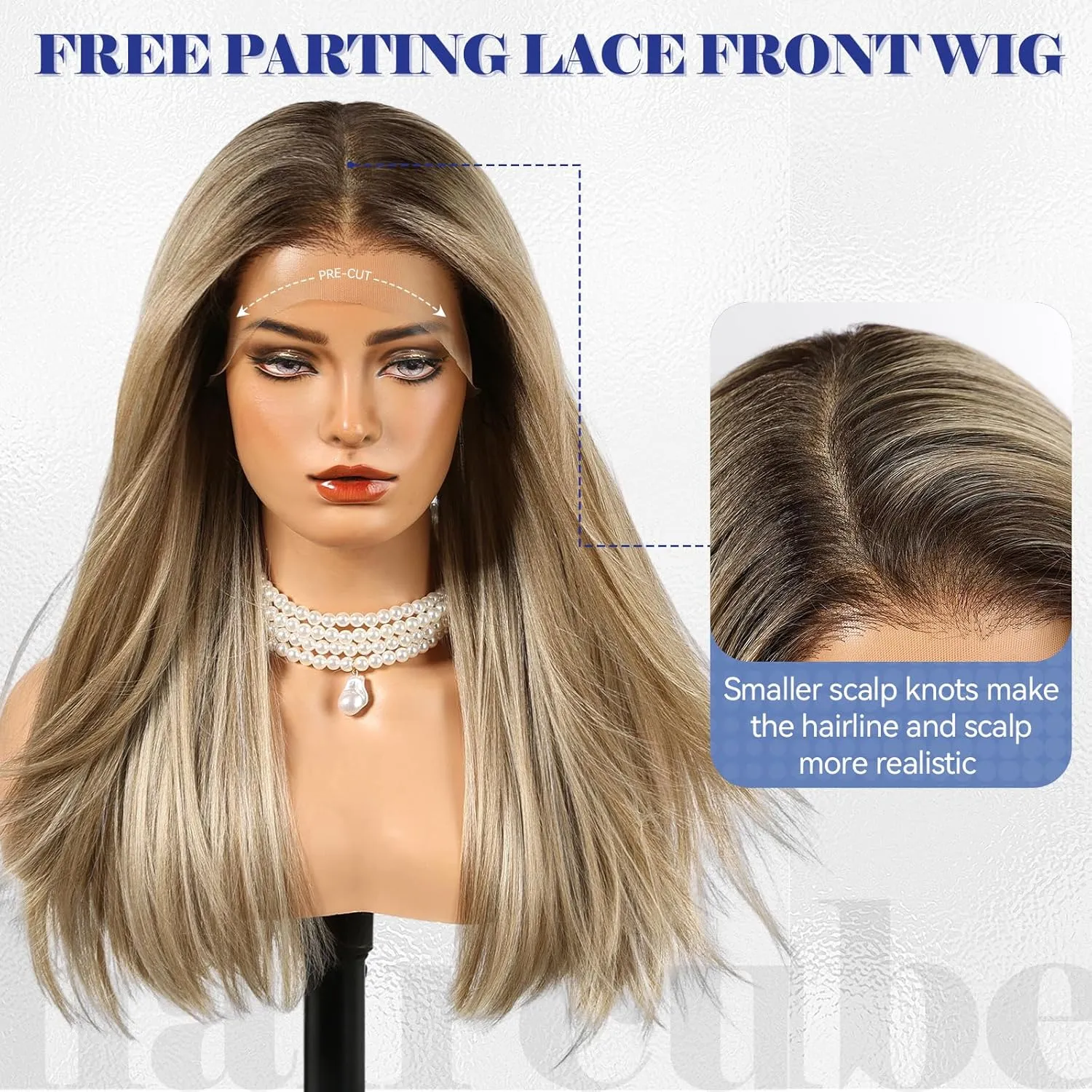 HAIRCUBE 13x6 HD Transparent Lace Front Wig, Ash Blonde Long Straight Synthetic Wig Glueless Wig with Natural Density Hairline & Adjustable Cap