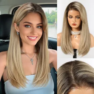 HAIRCUBE 13x6 HD Transparent Lace Front Wig, Ash Blonde Long Straight Synthetic Wig Glueless Wig with Natural Density Hairline & Adjustable Cap