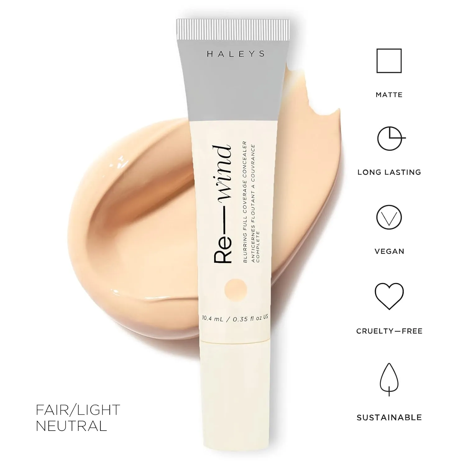 HALEYS Re-wind Blurring Full Coverage Concealer (Fair/Light - Neutral), Brighten, Reduce redness, dark circles and fine lines, Non-Caking, Longwear, Nourishes, Lightweight, Soft-Matte Finish, V   CF