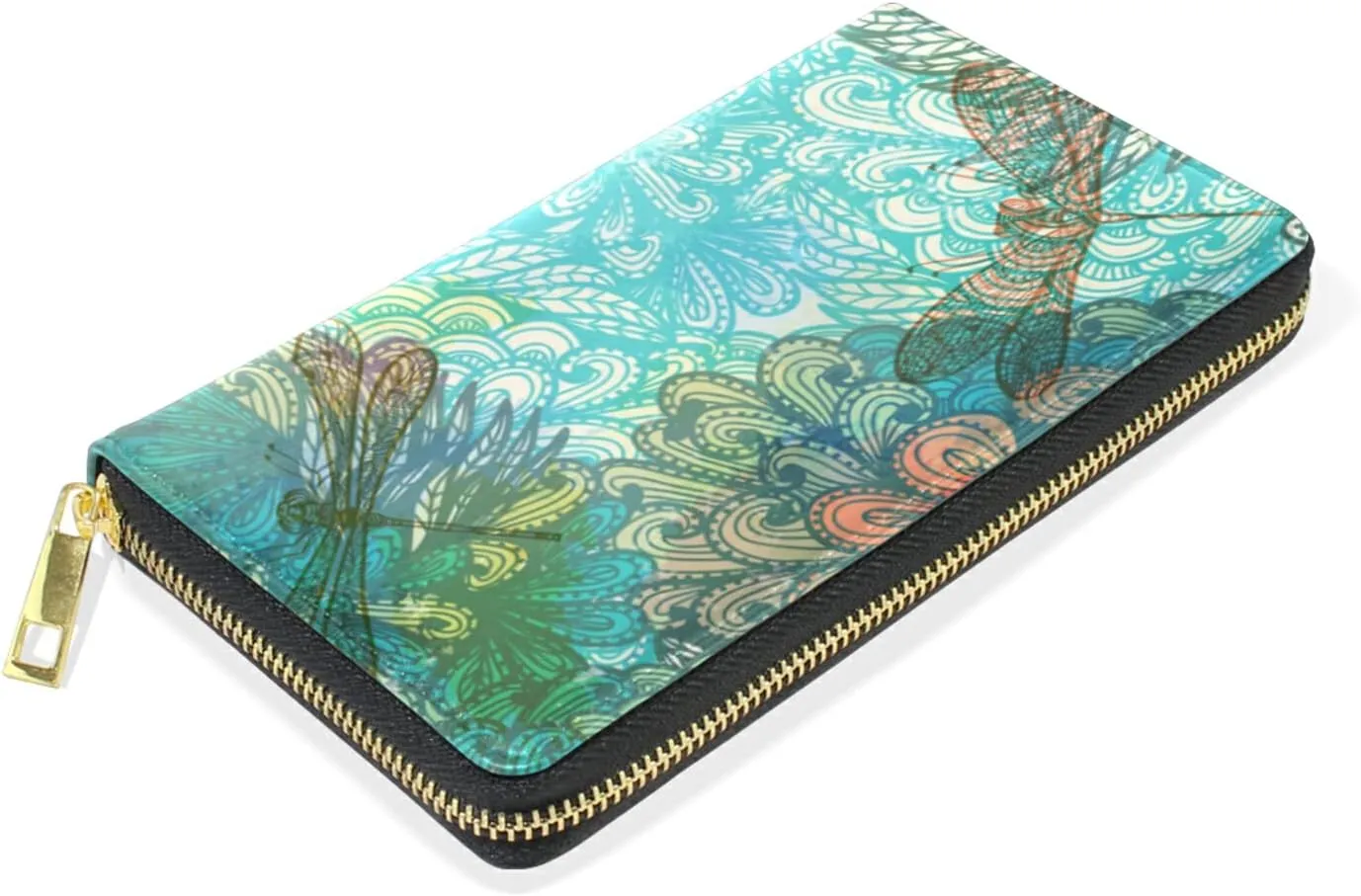 Hand Drawn Vintage Turquoise Flowers and Dragonflies Leather Long Wallet Organizer with Zipper Purse Clutch Bag for Women Men