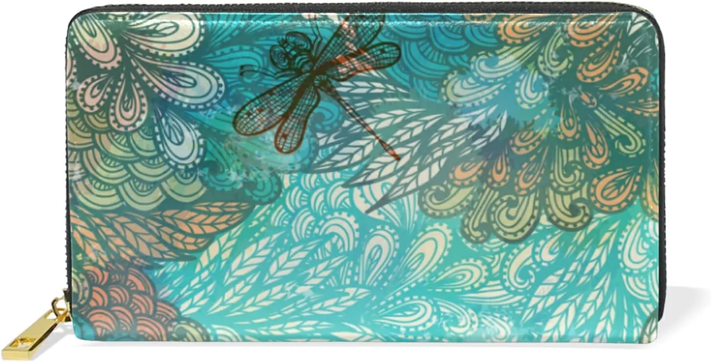 Hand Drawn Vintage Turquoise Flowers and Dragonflies Leather Long Wallet Organizer with Zipper Purse Clutch Bag for Women Men