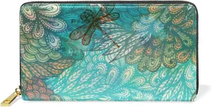 Hand Drawn Vintage Turquoise Flowers and Dragonflies Leather Long Wallet Organizer with Zipper Purse Clutch Bag for Women Men