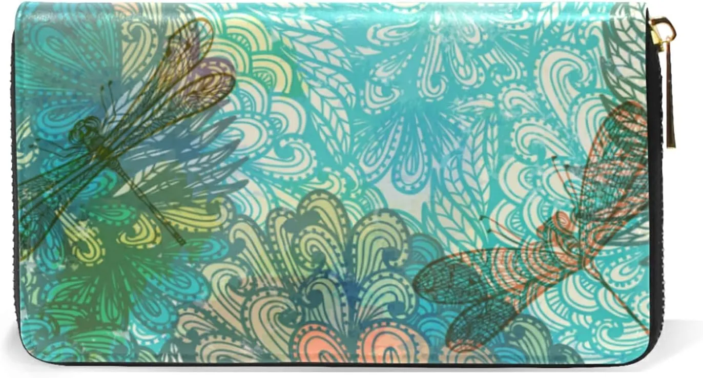 Hand Drawn Vintage Turquoise Flowers and Dragonflies Leather Long Wallet Organizer with Zipper Purse Clutch Bag for Women Men
