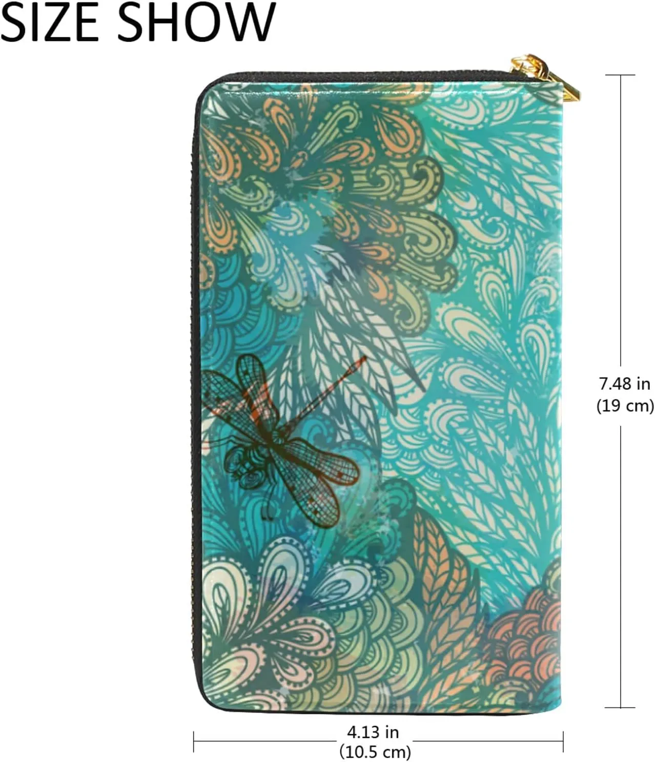 Hand Drawn Vintage Turquoise Flowers and Dragonflies Leather Long Wallet Organizer with Zipper Purse Clutch Bag for Women Men