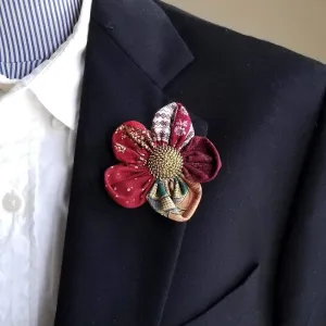 Handmade Red Flower Lapel Pin Boutonniere, Floral Pin Suit Accessories, Forget Me Not Fabric Flower, Red Calico Flower Lapel Pin