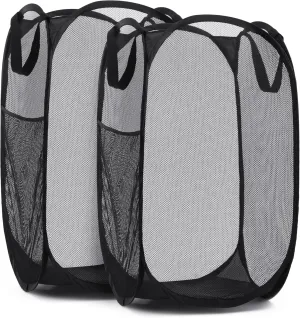 Handy Laundry Collapsible Mesh Pop Up Hamper with Wide Opening and Side Pocket – Breathable, Sturdy, Foldable, and Space-Saving Design for Clothes and Storage. (Black | 2-Pack)