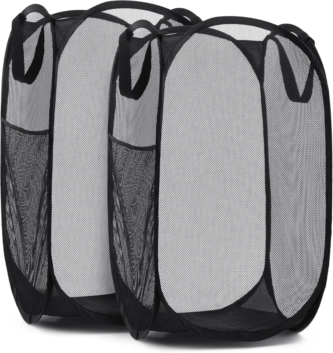Handy Laundry Collapsible Mesh Pop Up Hamper with Wide Opening and Side Pocket – Breathable, Sturdy, Foldable, and Space-Saving Design for Clothes and Storage. (Black | 2-Pack)