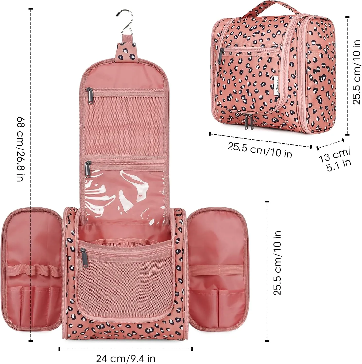 Hanging Cheetah Toiletry Bag for Women Travel Makeup Bag Organizer Toiletries Bag for Cosmetics Essentials Accessories (Large, Orange Leopard)