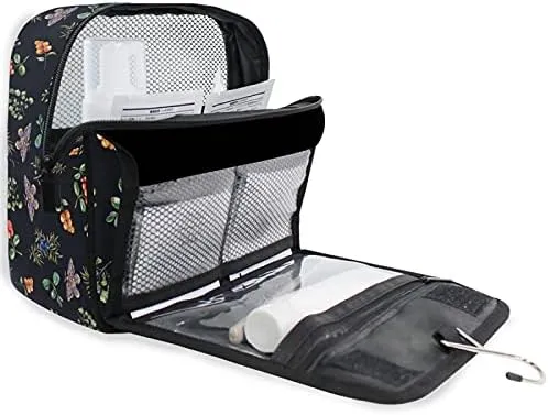 Hanging Toiletry Bag Berry Wildflower Butterfly Tropical Plant On Black Makeup Travel bag for Toiletries Portable Toiletry Organizer Bags Clear Toiletry Cosmetic Kit