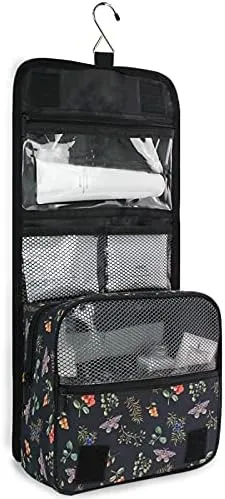 Hanging Toiletry Bag Berry Wildflower Butterfly Tropical Plant On Black Makeup Travel bag for Toiletries Portable Toiletry Organizer Bags Clear Toiletry Cosmetic Kit