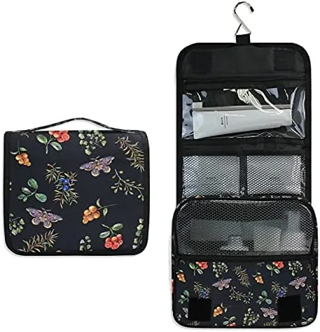 Hanging Toiletry Bag Berry Wildflower Butterfly Tropical Plant On Black Makeup Travel bag for Toiletries Portable Toiletry Organizer Bags Clear Toiletry Cosmetic Kit