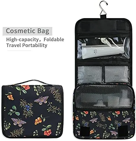 Hanging Toiletry Bag Berry Wildflower Butterfly Tropical Plant On Black Makeup Travel bag for Toiletries Portable Toiletry Organizer Bags Clear Toiletry Cosmetic Kit