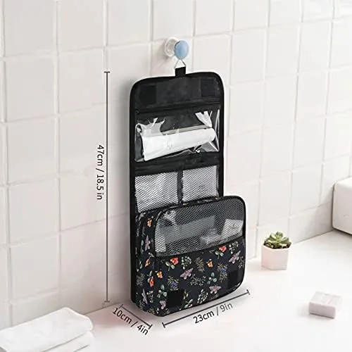 Hanging Toiletry Bag Berry Wildflower Butterfly Tropical Plant On Black Makeup Travel bag for Toiletries Portable Toiletry Organizer Bags Clear Toiletry Cosmetic Kit