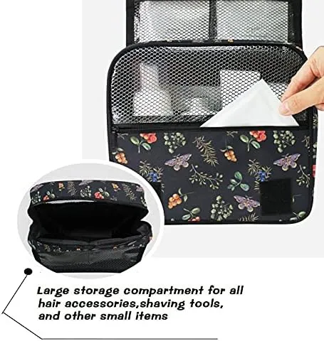 Hanging Toiletry Bag Berry Wildflower Butterfly Tropical Plant On Black Makeup Travel bag for Toiletries Portable Toiletry Organizer Bags Clear Toiletry Cosmetic Kit