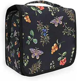 Hanging Toiletry Bag Berry Wildflower Butterfly Tropical Plant On Black Makeup Travel bag for Toiletries Portable Toiletry Organizer Bags Clear Toiletry Cosmetic Kit