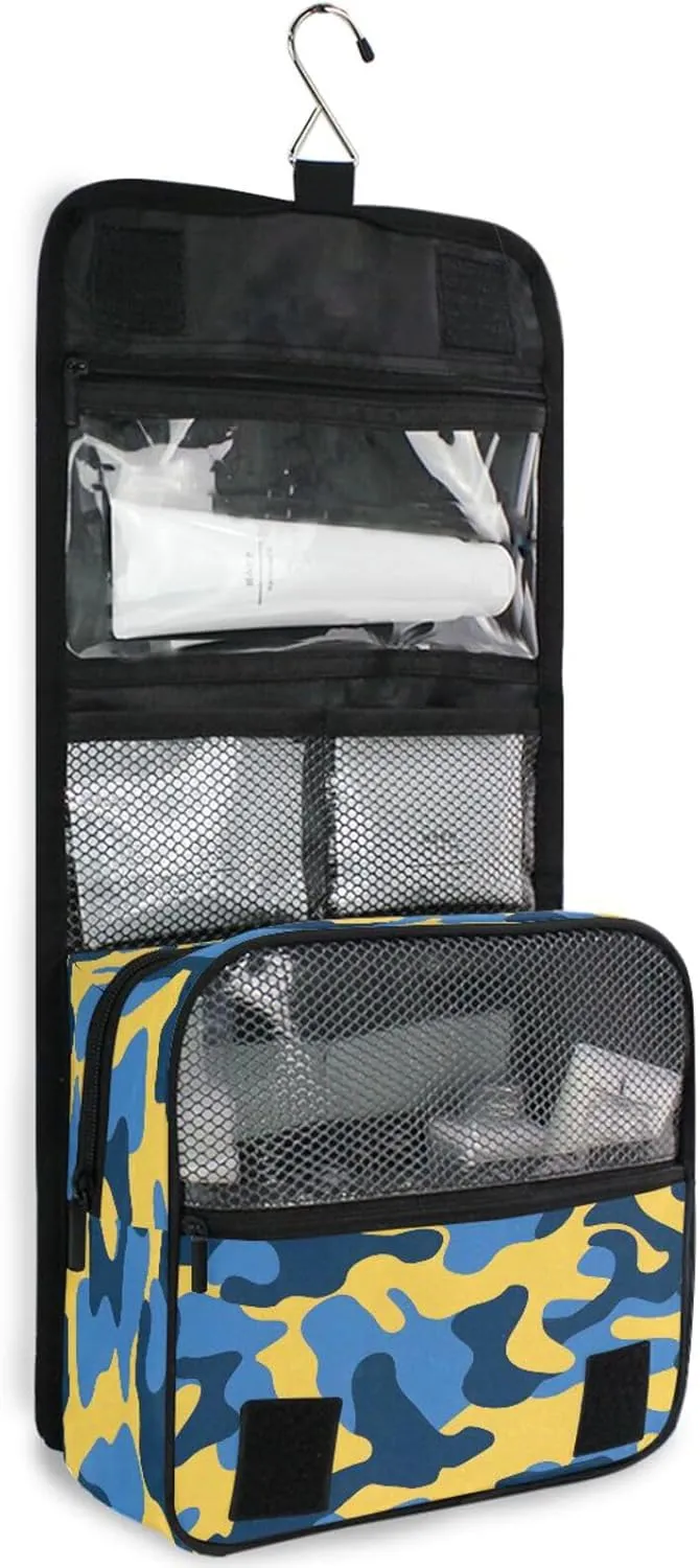 Hanging Toiletry Bag Blue and Yellow Camouflage Travel Makeup bag for Toiletries Portable Travel Toiletry Organizer Cosmetic Bags with Hanging Hook
